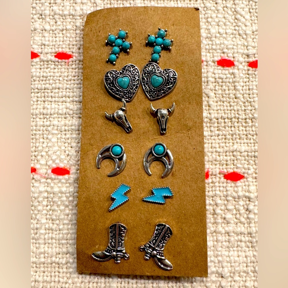 6 Pairs Western Silver Tone Turquoise Cross Boot Fashion Jewelry Earring Set
